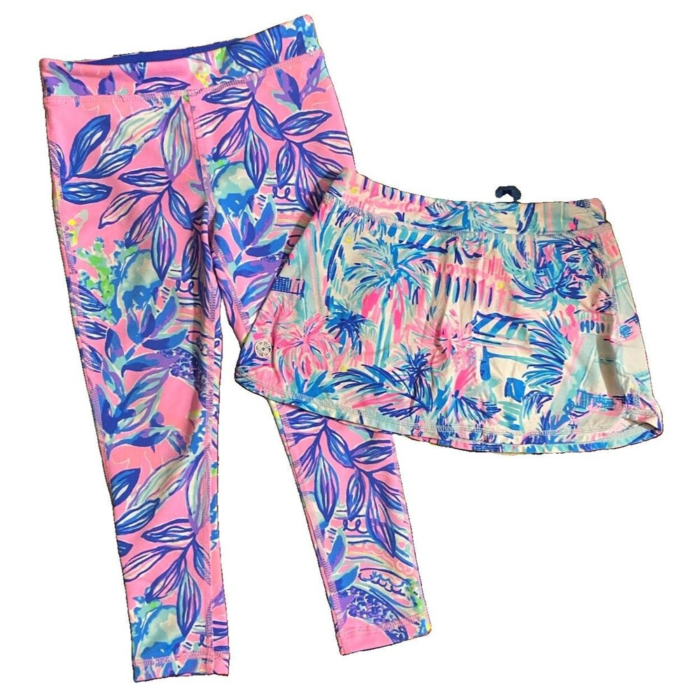 Lilly Pulitzer Youth Luxletic Set Girls S 4-5 Pants & Skirt Tropical Pink Blue